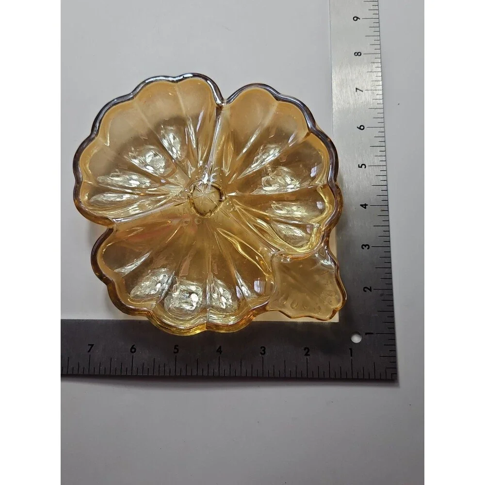 VTG Depression Carnival Glass Iridescent Marigold Gold 3 Leaf Clover Candy Dish